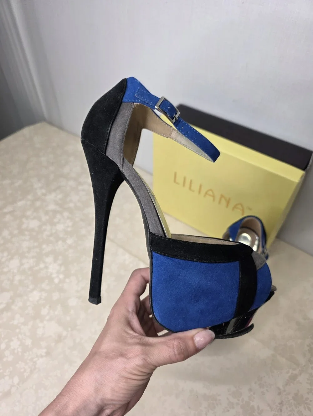 Liliana Colorblock Platform Heels Blue Black Grey Ankle Strap Stilettos 7.5